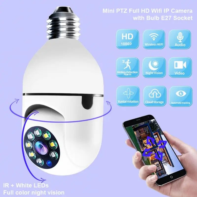 

Умная камера ip-камера 1080P E27 PTZ, Wi-Fi камера с автоматическим отслеживанием движения, двусторонняя полноцветная камера видеонаблюдения с ночн...