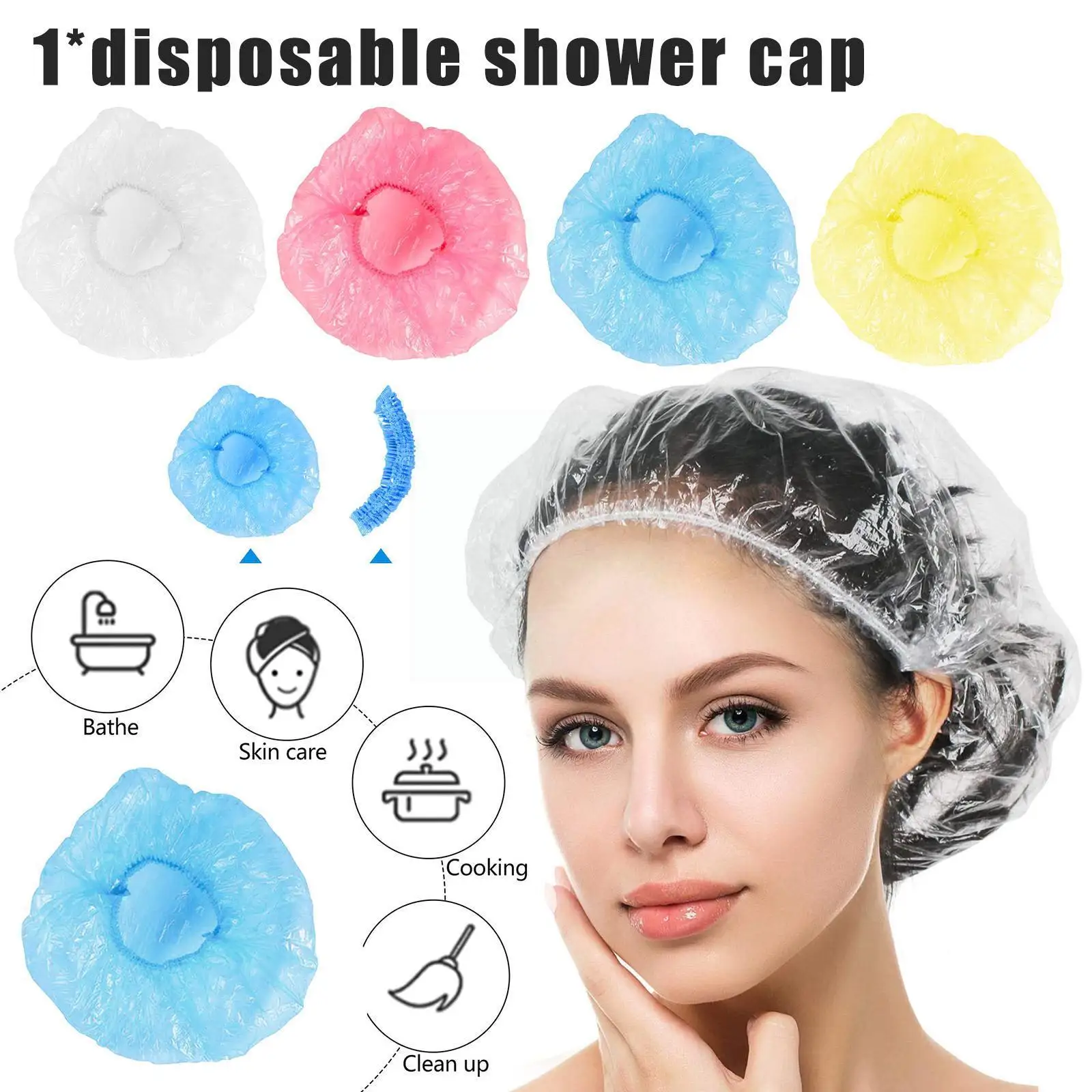 

100pcs/lot Disposable Shower Cap Plastic Waterproof Cap Cling Headgear Hair Salon Plastic Beauty Shower Cap Dye Transparent X0d6