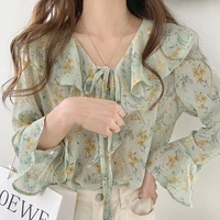 2022 summer new women blouses ruffles lady flare sleeve printed chic office wear streetwear florals fashion womens clothing 99f