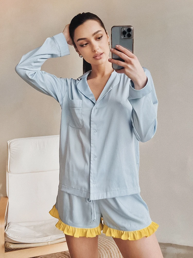 

Hiloc Color Block Sleepwear Women Pajama Patchwork Set Woman 2 Pieces Ruffled Nightwears For Ladies Long Sleeves Female Set 2022