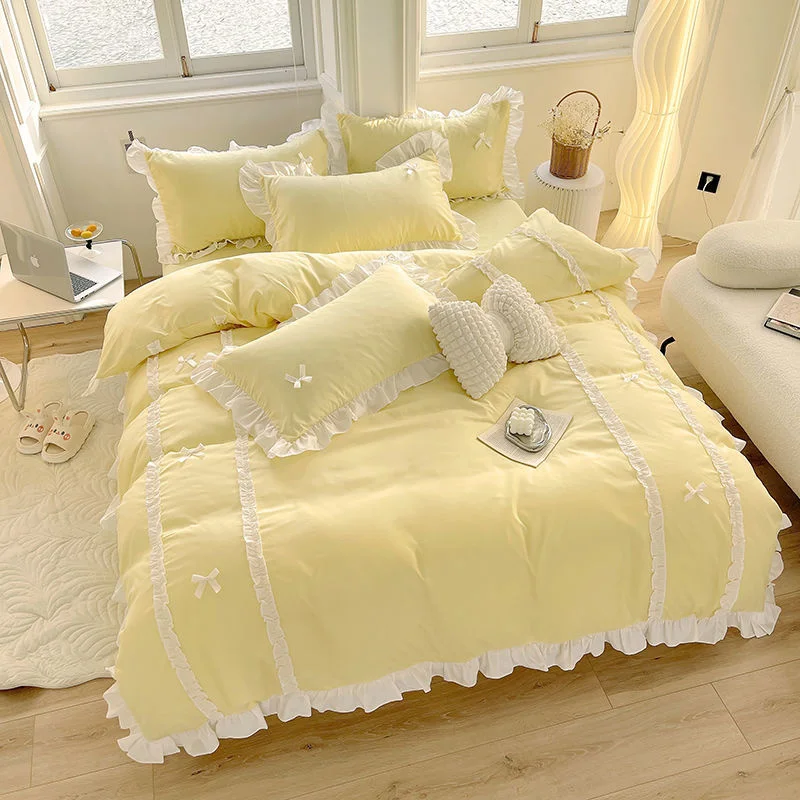 

Bedding Sets Ins Lace Bowknot Duvet Cover Fitted Sheet For Girl Woman Home Bedroom Korean Princess Style Kawaii Bed Linens