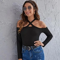 sexy halter knitted shirts for women new streetwear long sleeve summer tops spring slim black blusas big size slash neck tees