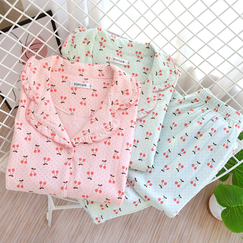 Knitted Cotton Pajamas Suit Women Double-layer Lace Lapel Four Seasons Thin Long-sleeved Trousers Cherry Two Piece Set Nightwear