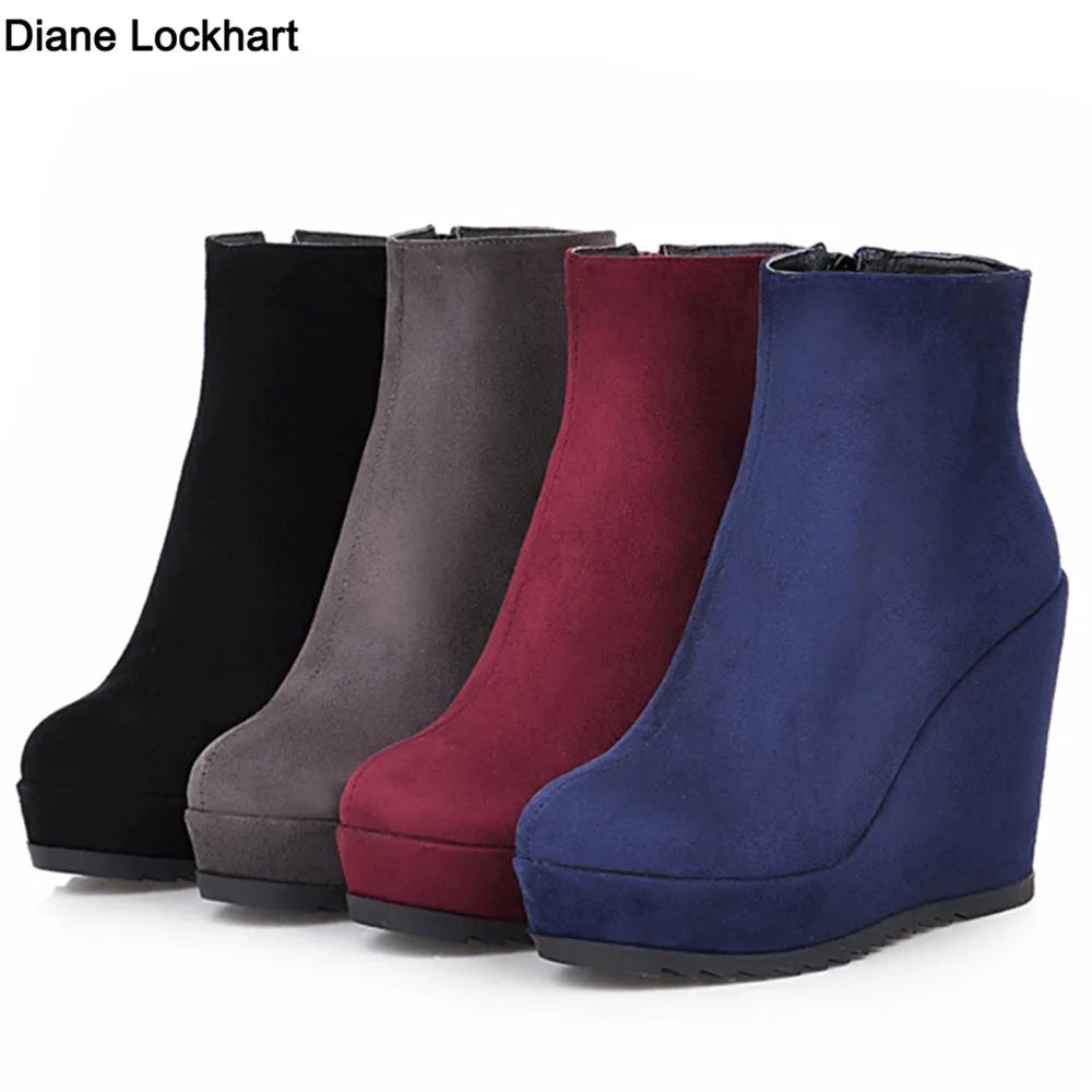 

2023 Autumn Winter New Stylish Women Ankle Boots Sexy Platform Round Toe Wedges Boots Woman Ankle Boots Plus size 34-42 Blue Red