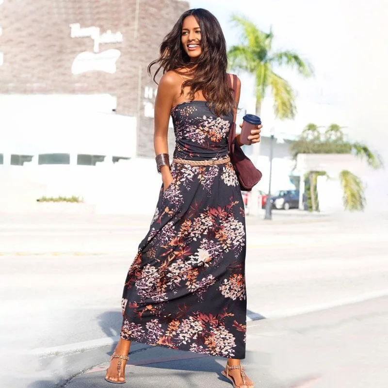 

Strapless Sleeveless Print Dresses Fashion Streetwear Ankle-length Sheath Dress Women Summer Chest Wrapping Retro Clothing 2022