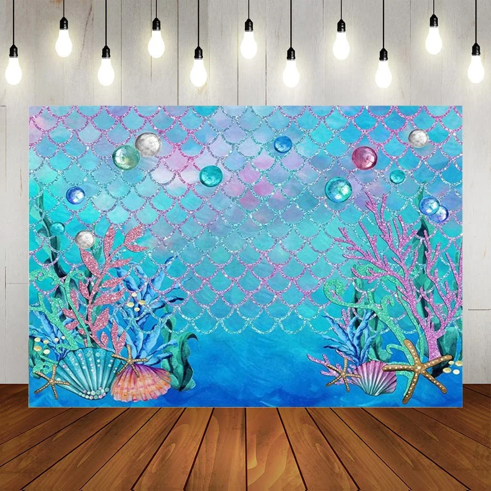 

Under The Sea Blue Photography Backdrop Props Ocean Mermaid Birthday Party Decor Pearls Starfish Shell Banner Party Supplies