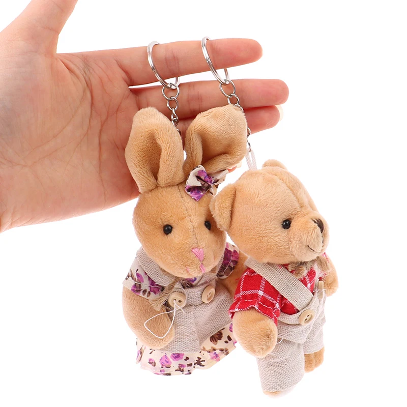 

Women Couple Rabbit Keychain On Bag Car Trinket Cute Girls Country style Linen Teddy Bear Keychain Female Wedding Party Toy Gift