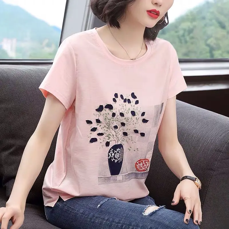 

95 cotton large size loose short-sleeved T-shirt female 2022 summer middle-aged mother cover meat fat mm print top t shirt