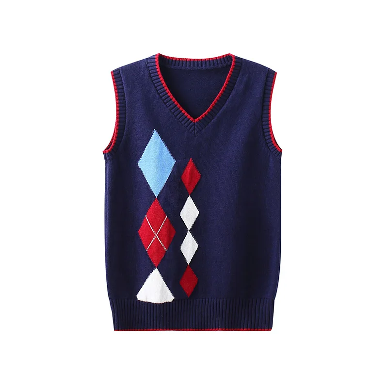 

New Arrival Sleeveless Sweater Vest for Big Boys Teenage Cotton V-neck Knitted Waistcoats Autumn Winter Knitwear Geometric Vests