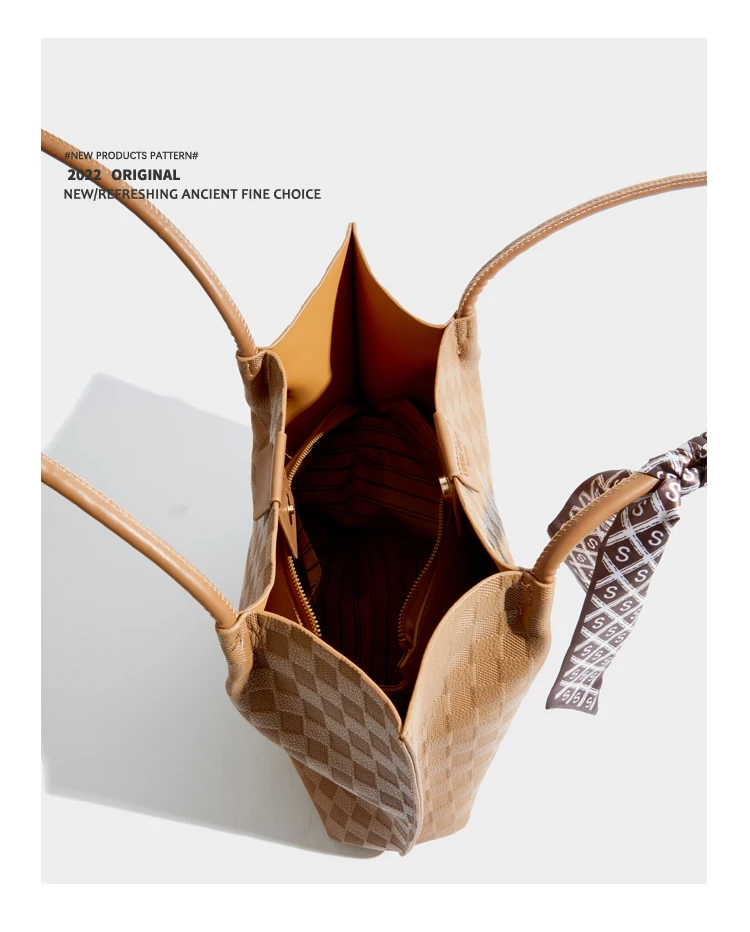 Elmsk 2022 Vintage Plaid Texture Pu Leather Bag Women Fashion Large Capacity Tote Bag