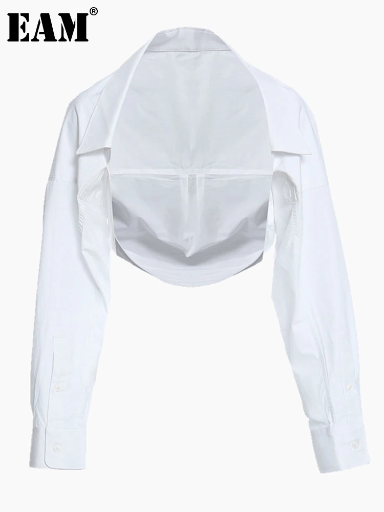 

[EAM] Women White Brief Big Size Short Blouse New V-collar Long Sleeve Loose Fit Shirt Fashion Tide Spring Autumn 2022 1Z826