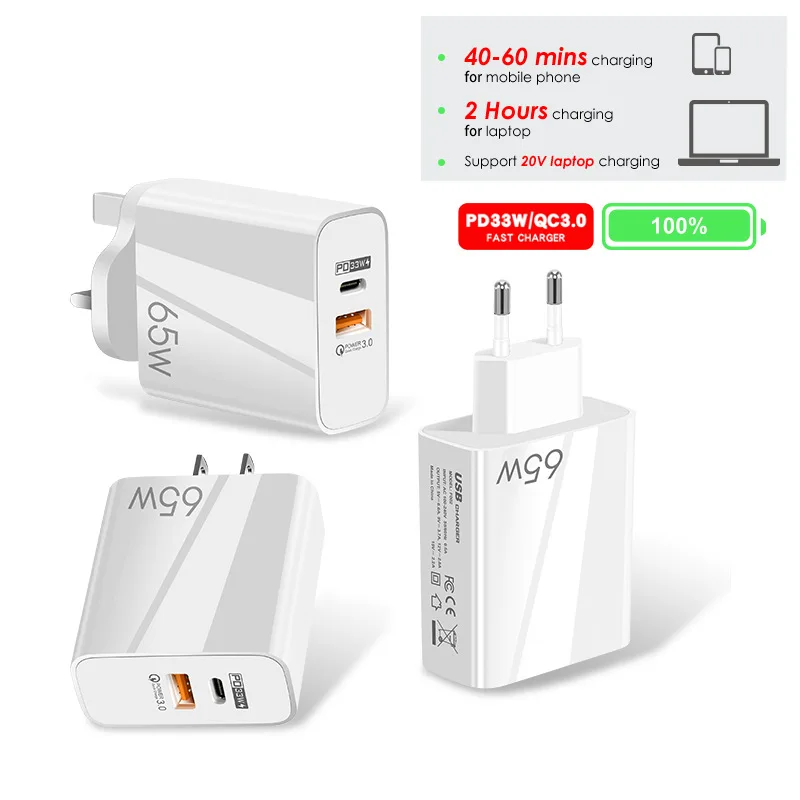 

65W Type-C PD USB Charger EU US UK Plug QC 3.0 PD3.0 Power Adapter for Xiaomi Samsung iPhone Tablet Laptop Fast Charger 2 Port