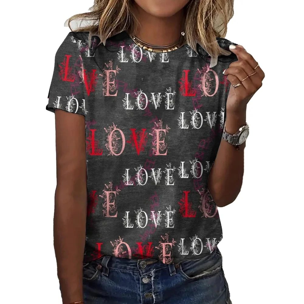 

3D Love Pattern Printed T-shirt Women's Summer Short Sleeve Fashion Round Neck Casual Trendy Top T-shirt Clothing