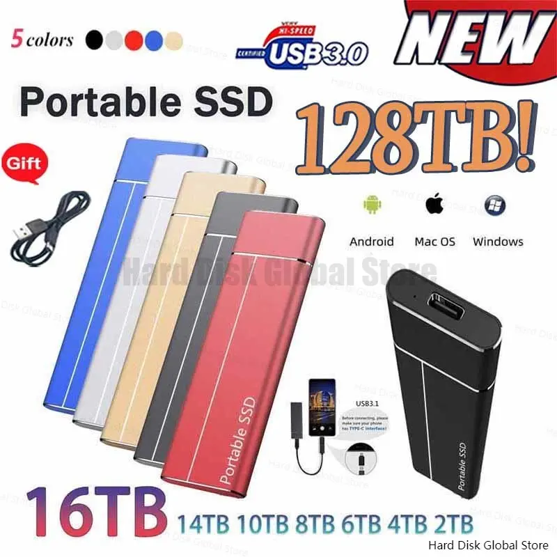 100% Original SSD 64TB 128TB Portable External Solid State Hard Drive High-speed USB3.0 Interface Mobile Hard Drive for Laptop