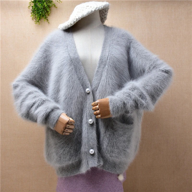 

Ladies Women Fashion Grey Hairy Mink Cashmere Knitted Long Sleeves V-Neck Loose Cardigan Angora Fur Jacket Coat Sweater Pull Top