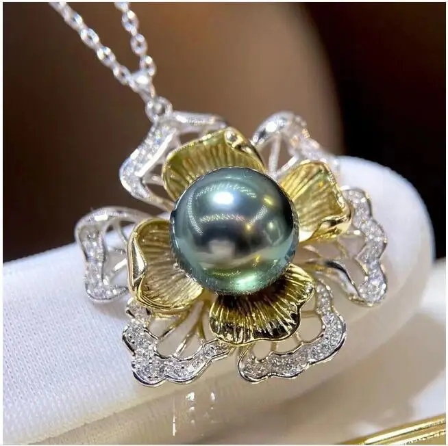 

stunning AAAAA 10-9mm tahitian round black green pearl pendant 925s