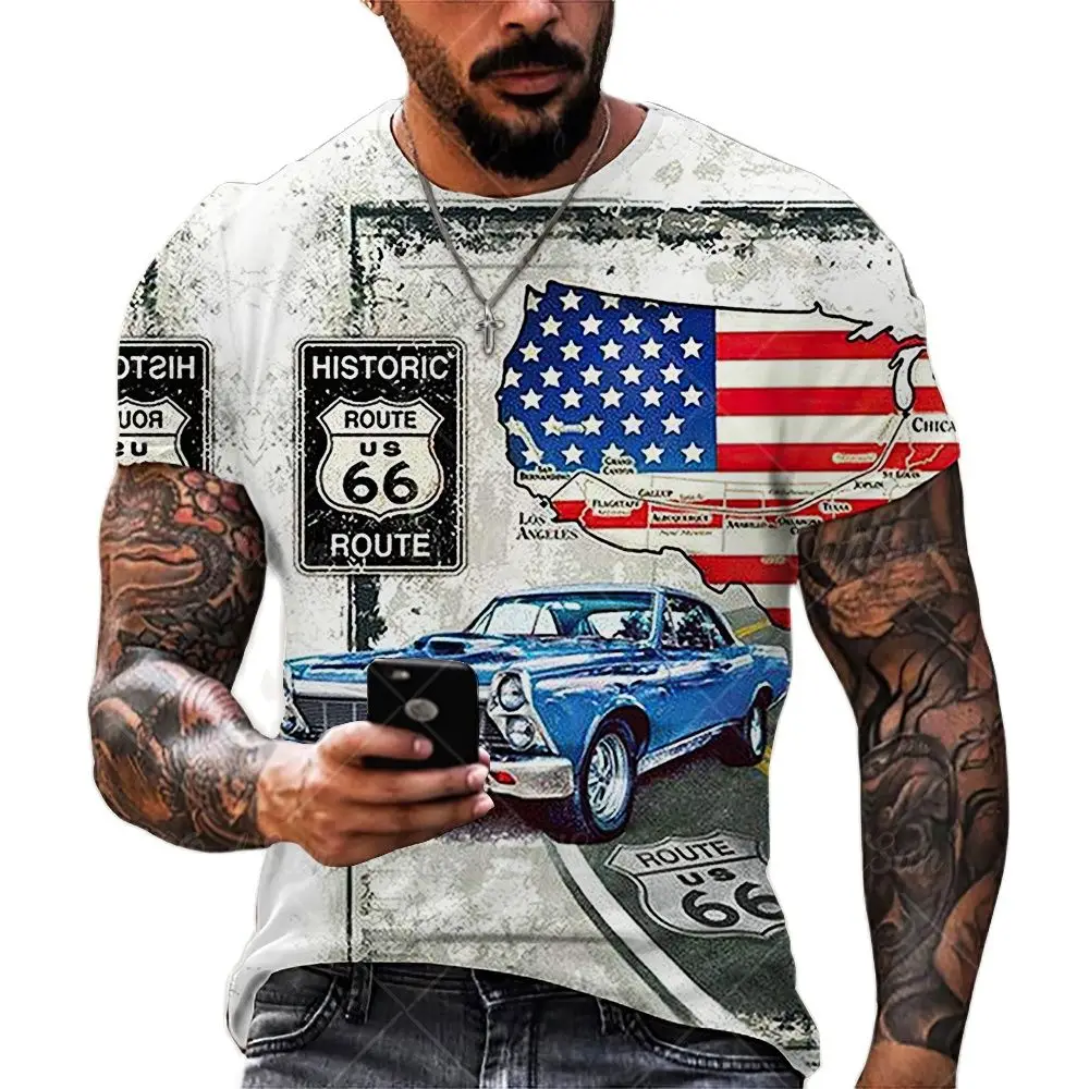 

Summer Men's T-Shirts Oversized Loose Clothes Vintage Short Sleeve Fashion America Route 66 Letters Tee Printed O Collared Top