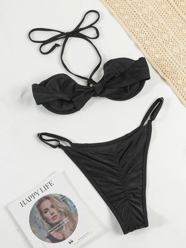 2024 бикини однотонные женские купальники купальник пуш-ап с чашками бразильские