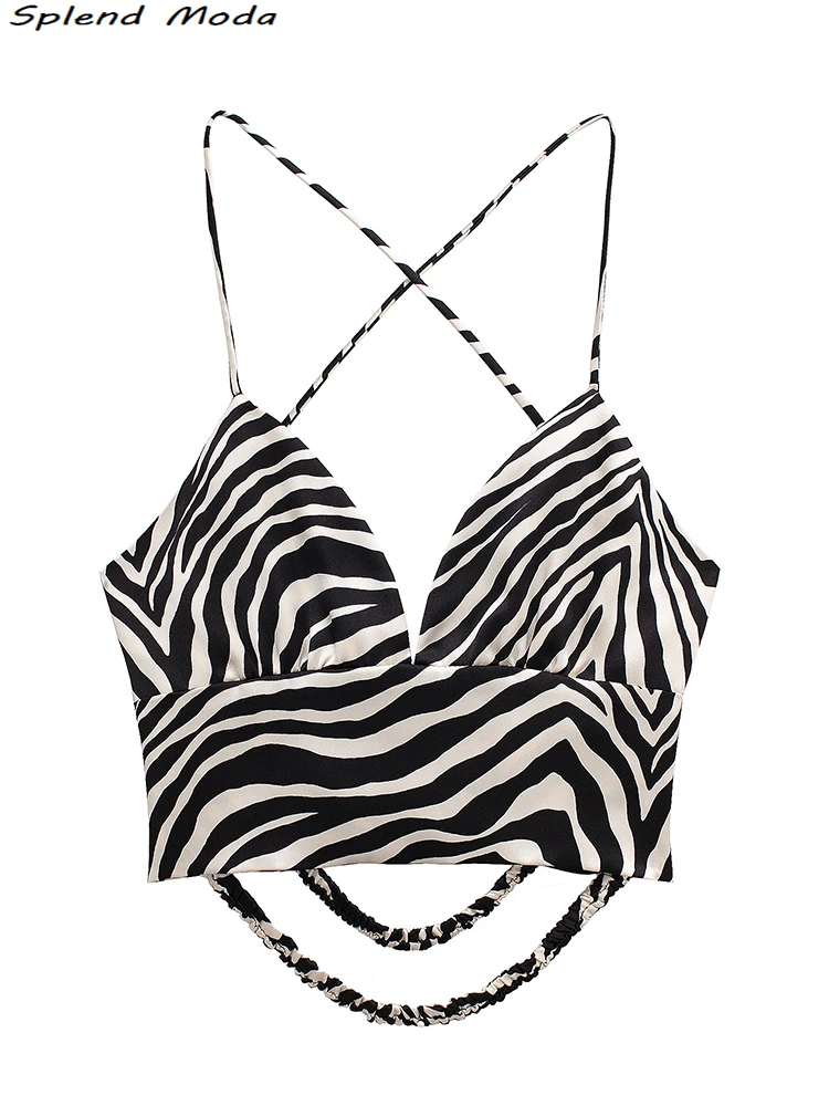 

2022 ZA Women Fashion Summer Sexy Chic Zebra Printed Crossed Strap Tops Young Style V-Neck Backless Camisole Chic Camis
