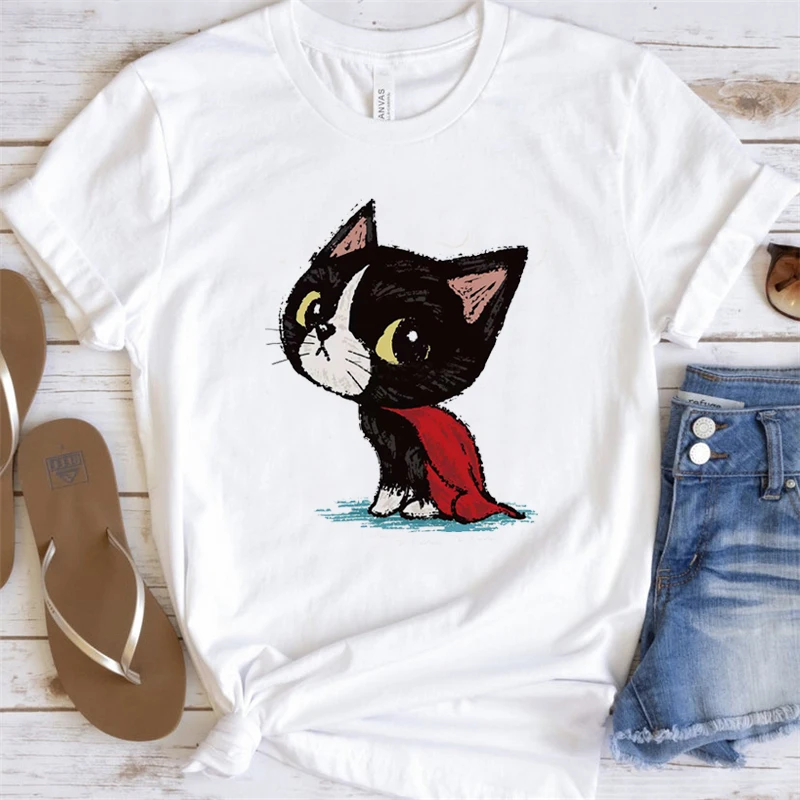 Printed Pattern T-shirt Cute Cat Animal Cute Female Cartoon Printing Women's Top T-shirt Fashion Short-sleeved T-shirt.