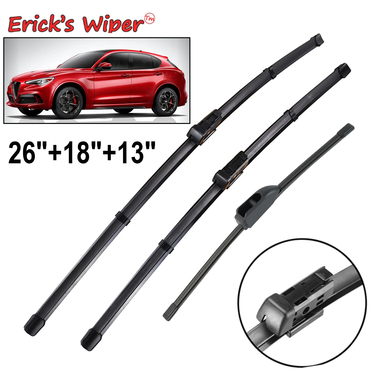 

Комплект щеток стеклоочистителя Erick's Wiper LHD для Alfa Romeo Stelvio 2016-20220, лобовое стекло, 26 дюймов + 18 дюймов + 13 дюймов