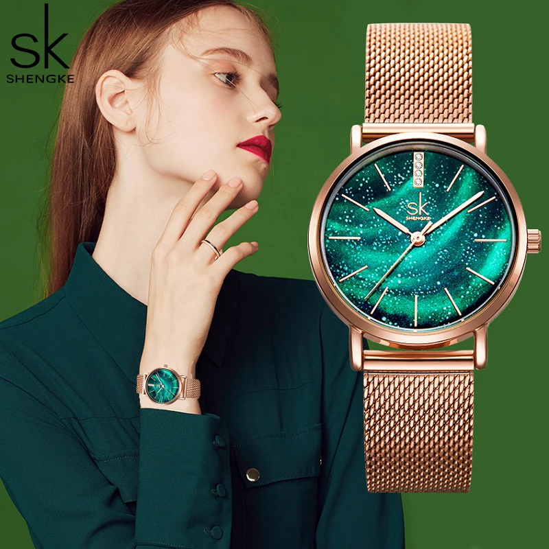 Shengke Emerald Woman Watches Top Luxury Diamond Women's Quartz Wristwatches Fashion Mesh Brand Ladies Clock Reloj Femenino enlarge