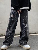 houzhou oversize punk grunge black jeans pants women streetwear patchwork print fashion wide leg denim trousers female hip hop