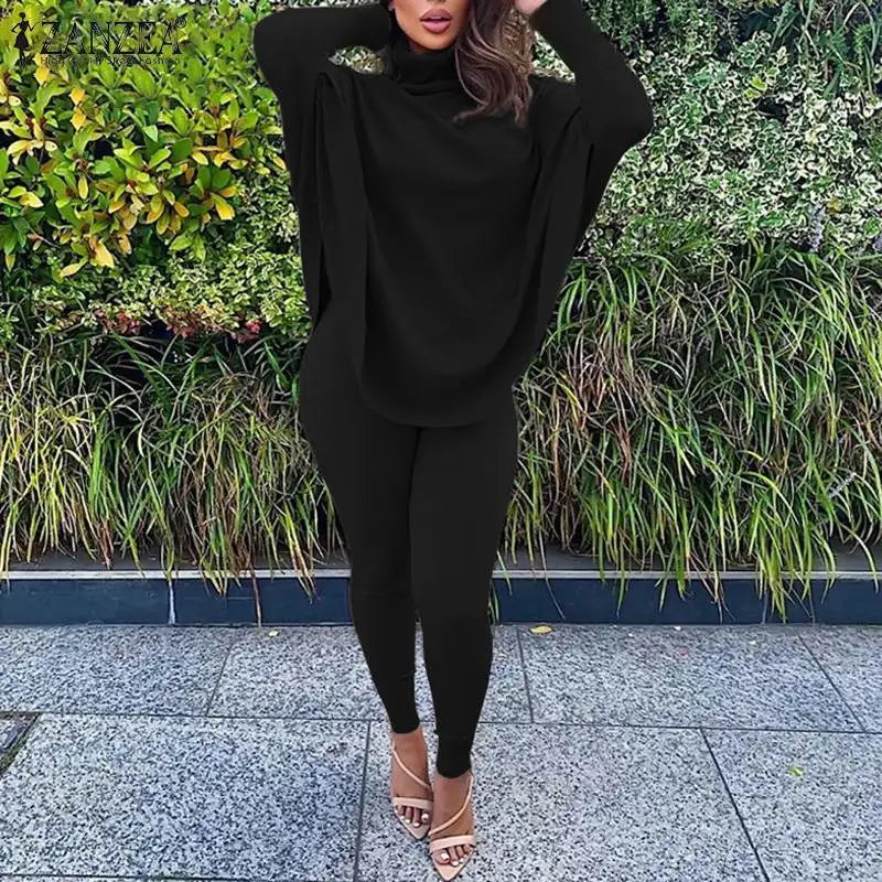 

Костюм ZANZEA женский из двух предметов, модный однотонный топ и узкие брюки, Повседневная Блузка с высоким воротником, костюм на весну-осень