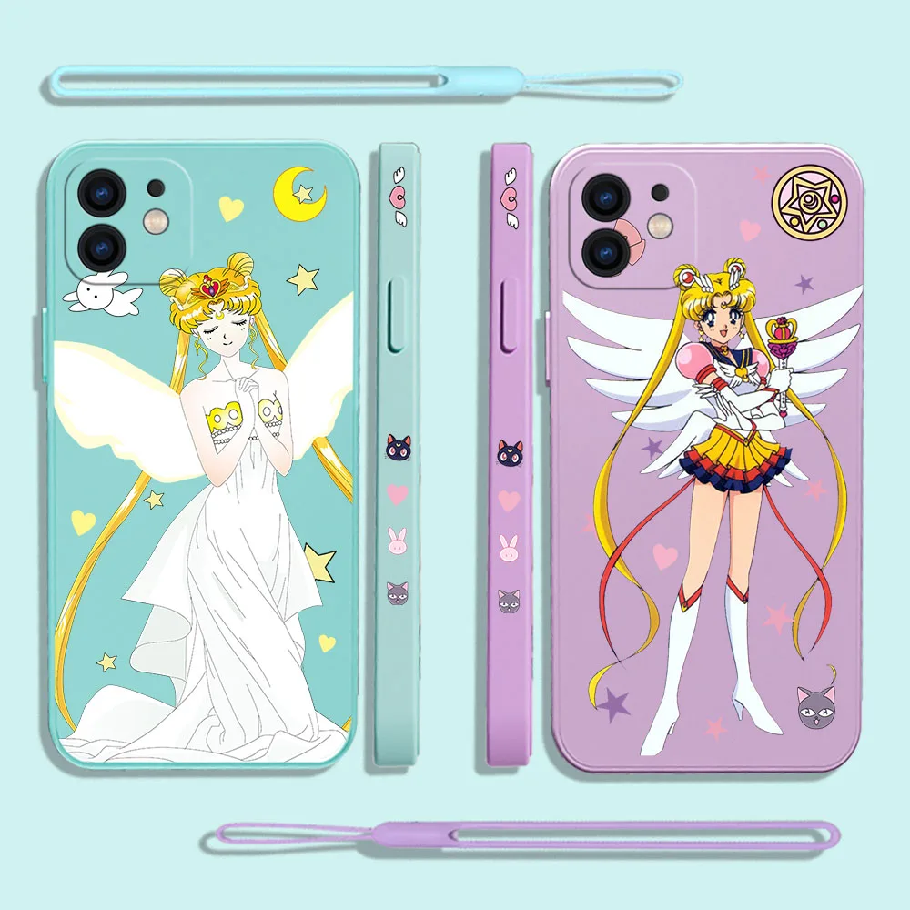 

Cartoon Cute Anime Sailors Moons Phone Case For iPhone 14 13 12 11 Pro Max Mini X XR XS SE 2020 8 7 Plus 6 6S Plus With Lanyard