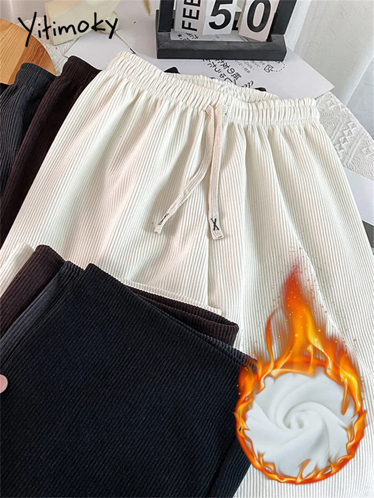 

Женские флисовые вельветовые брюки с высокой талией, повседневные Прямые брюки большого размера с широкими штанинами в Корейском стиле, Осень-зима 2023
