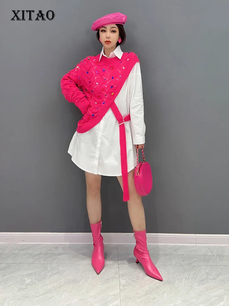

XITAO Solid Color Patchwork Diamonds Dress Single Breasted 2022 Autumn New Arrival Casual Fashion Temperament All Match WLD13418