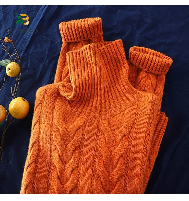 

Big Love Pumpkin-Orange Heavy Cashmere Sweater Three-Dimensional Wheat-Pin Turtleneck Cashmere Sweater Women's Loose Sweater