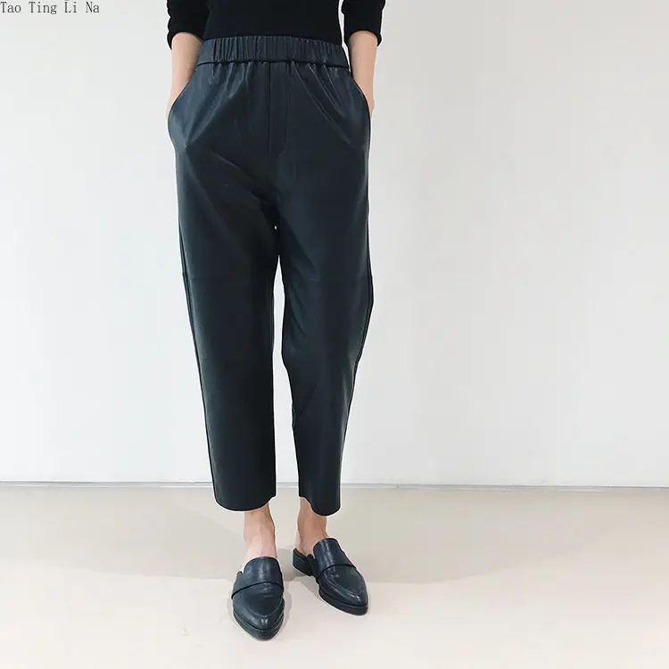 2023 Women New Genuine Leather Pants High Waist Real Sheep Leather Wide Leg Casual Pants G5