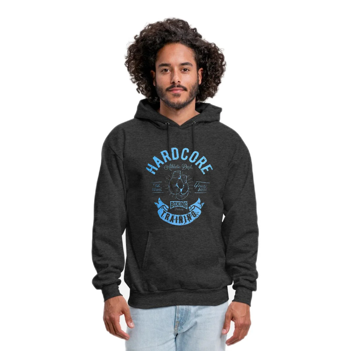 Hardcore workout gloves with a man's hood, watch a sweatshirt fitness.