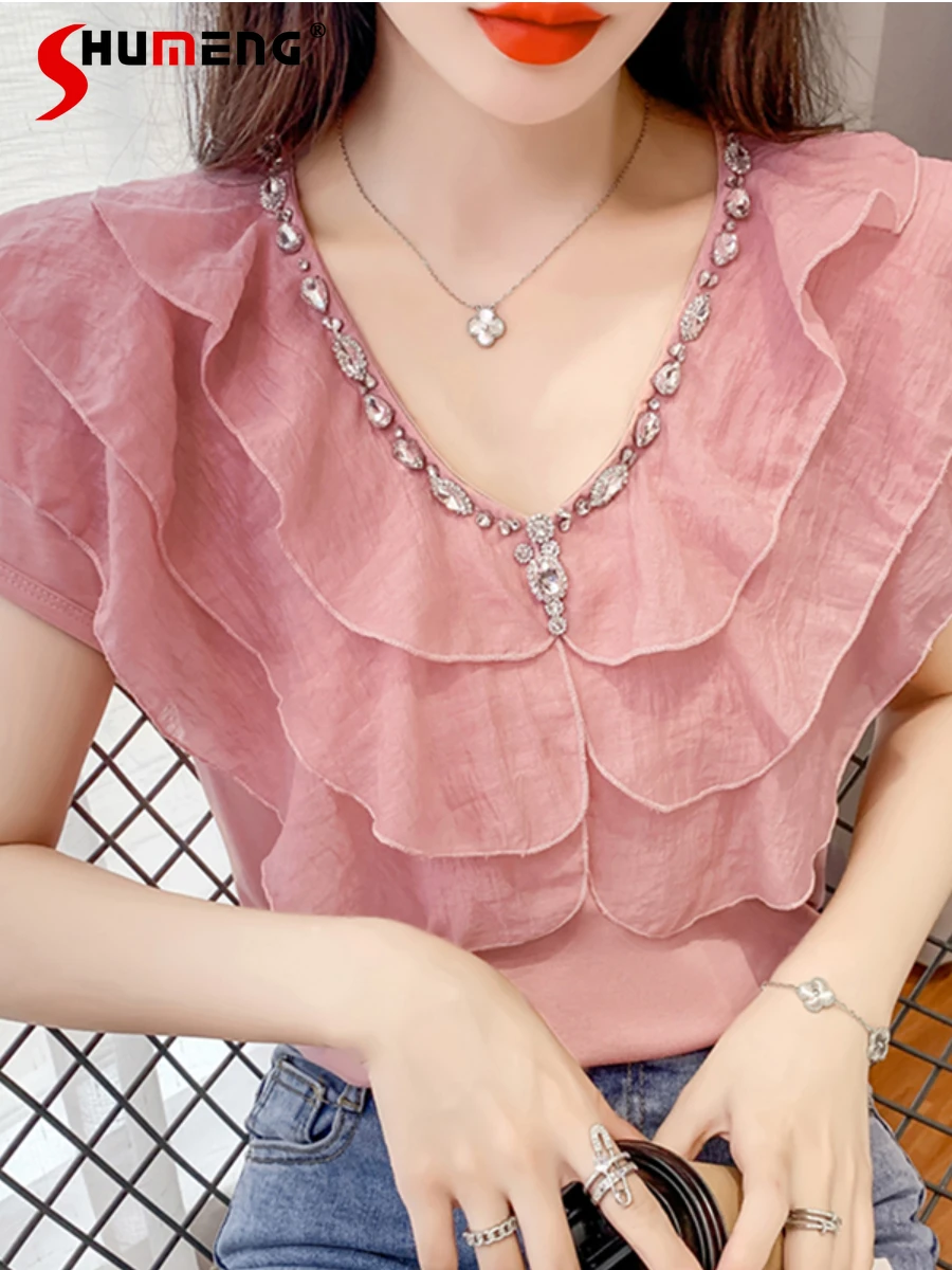 

Blusas Mujer 2022 Summer Thin Top Female Women Shirts Loose Women's Short Sleeve Ruffles Blouses Tops Chic Woman Vetement Femme