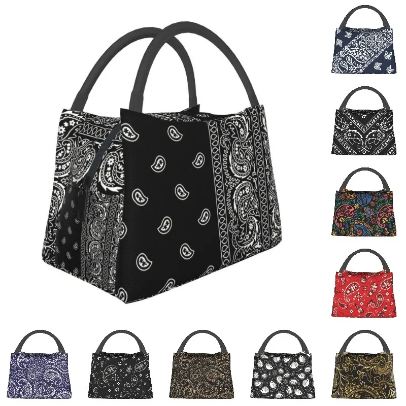 

Black And White Paisley Chicano Bandana Style Insulated Lunch Bags for Black And White Thermal Cooler Lunch Tote Work Picnic
