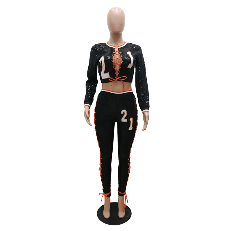 Runway Women's Joggers & Sweatpant Set Two-Piece Suits Shiny Hollow Out Sequins Bandage Matching Set Birthday Outfits Club Party