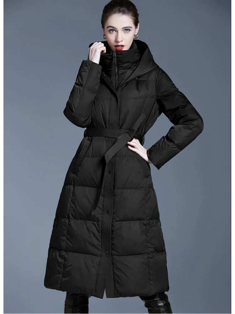 2022 Winter New Style Black X-Long 90 White Duck Down Coats Women's Hooded Lace Up Loose Thicked Padded Warmer Jackets