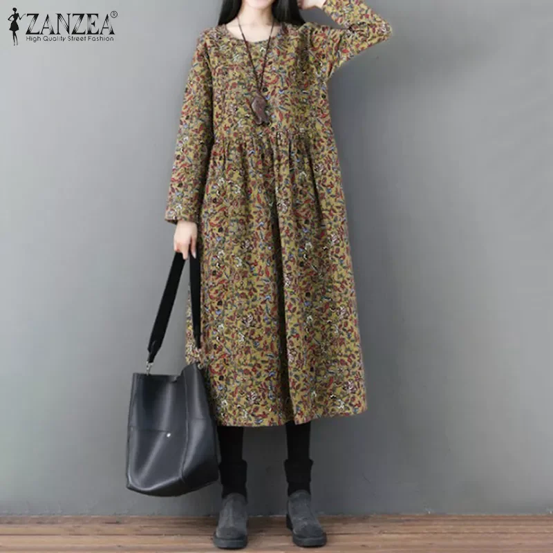 

ZANZEA Spring Bohemian Floral Printed Midi Dress Women Vintage Long Sleeve Cotton Linen Sundress Casual Retro Vestido Kaftan