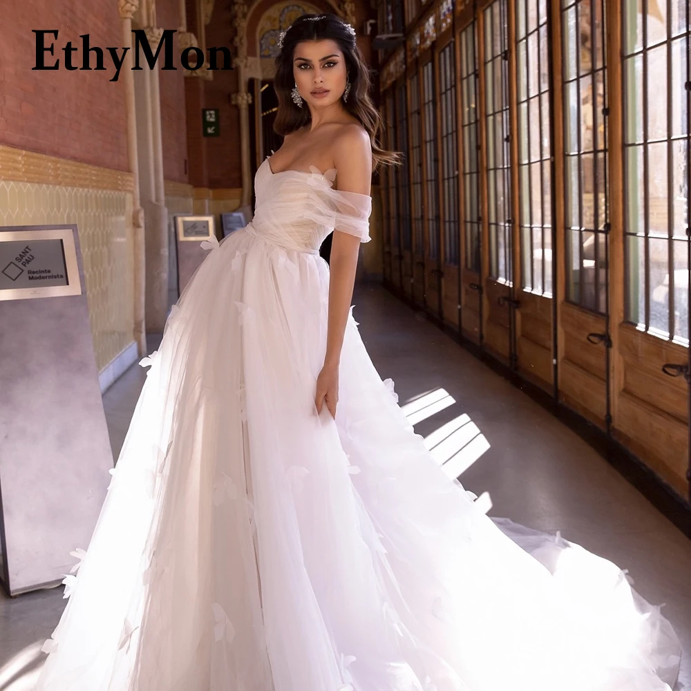 

Ethymon Modern Sweetheart Off The Shoulder Sleeveless Wedding Dresses For Bride Vestido De Casamento Pleat Personalised A-Line