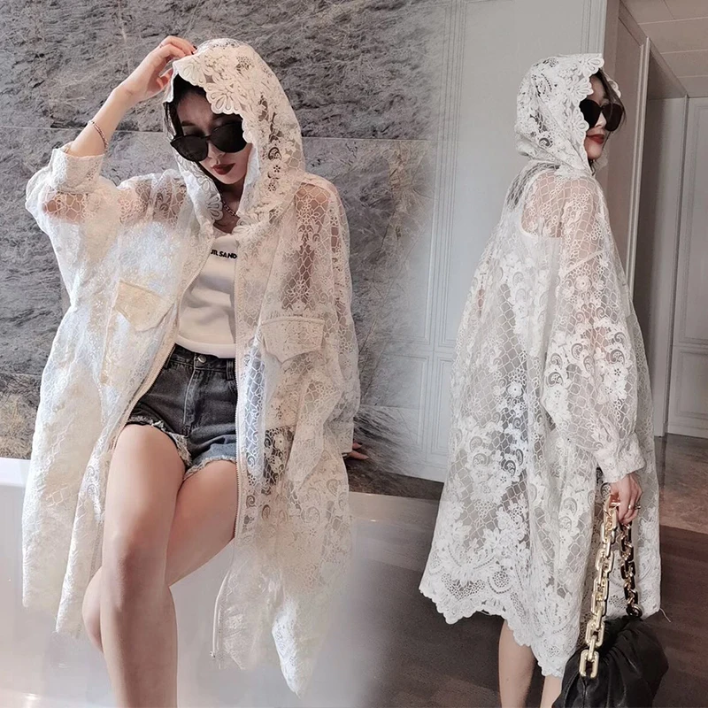 

Chic Design Perspective Lace Trench Summer New Floral Embroidery Long Hoodies Coat Mesh Lace Patchwork Holiday Sunscreen Coat