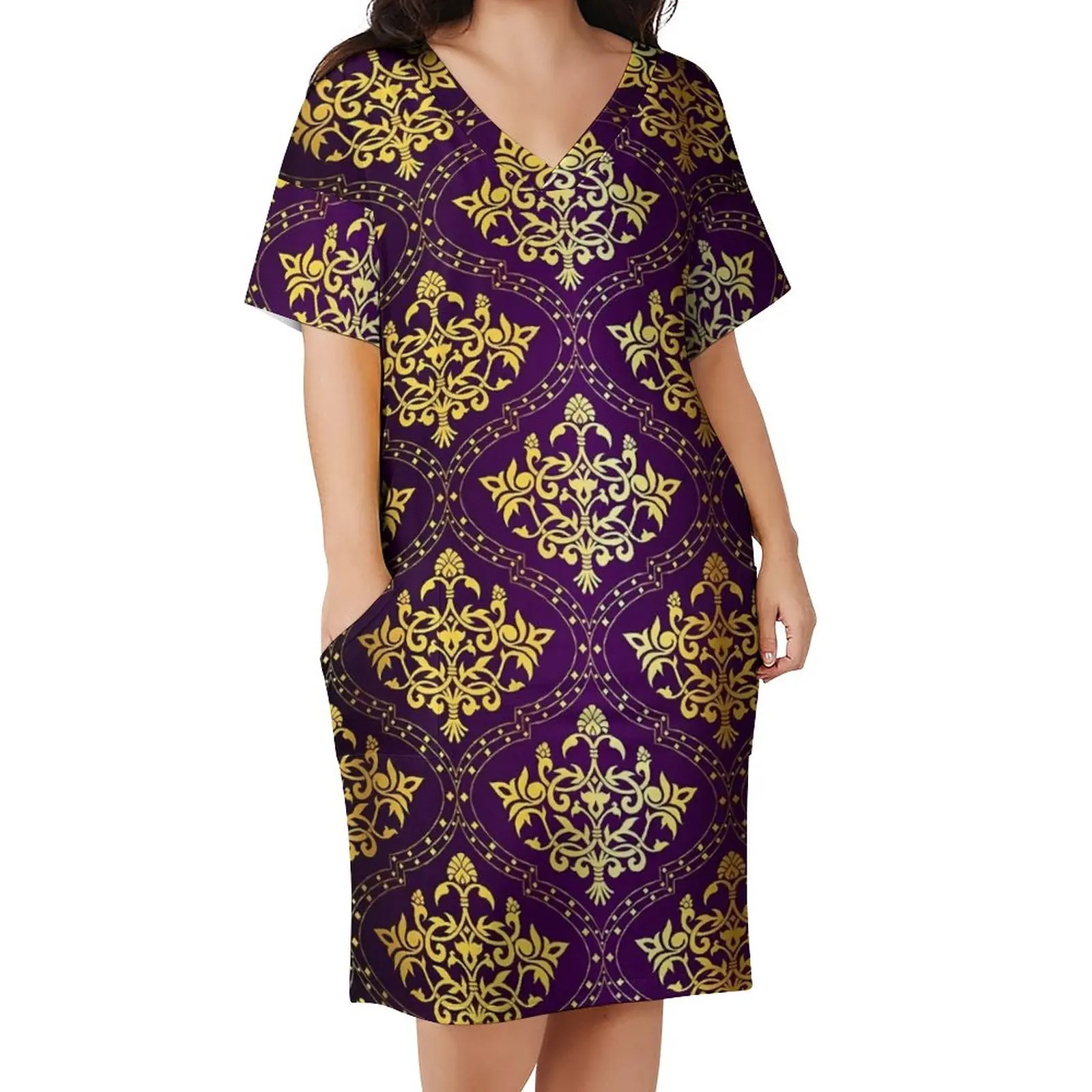 

Винтажное дамасское платье с V-образным вырезом, фиолетовые и золотые уличные платья, летнее Элегантное повседневное платье, женское платье оверсайз с рисунком