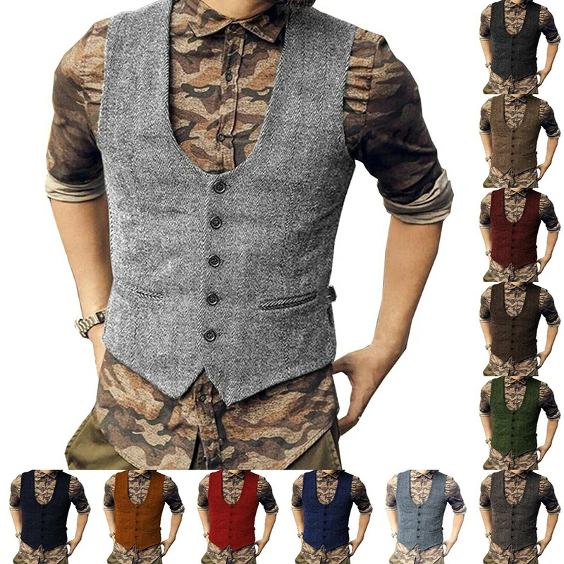 

Жилет мужской шерстяной твидовый, Повседневный хлопковый жилет в елочку, коричневый деловой костюм для жениха, свадьбы
