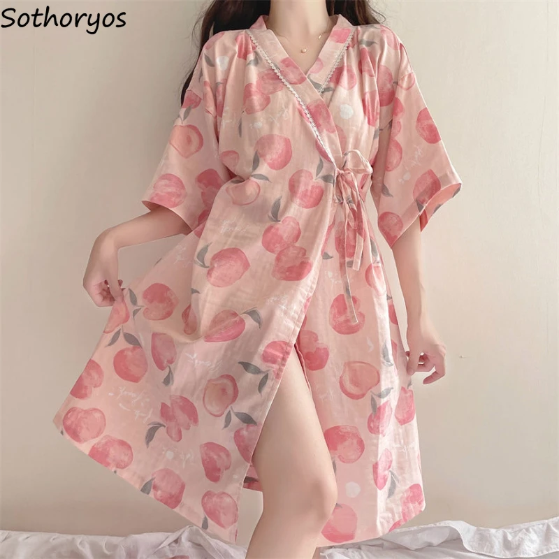 

Peach-print Robes Women Half-sleeve Baggy Fashion Home Japanese Style Young Lady Lounge Wear Sweet Simple Soft Classic Sleepwear