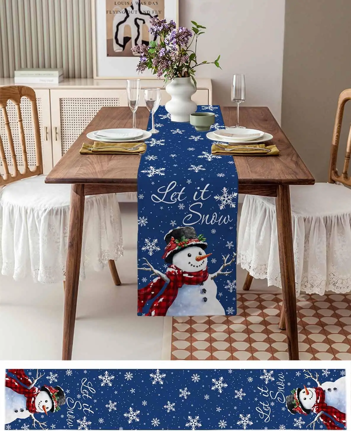 С Рождеством Снеговик Снежинки Ягоды Синий Льняной Скатерть Обеденный Стол