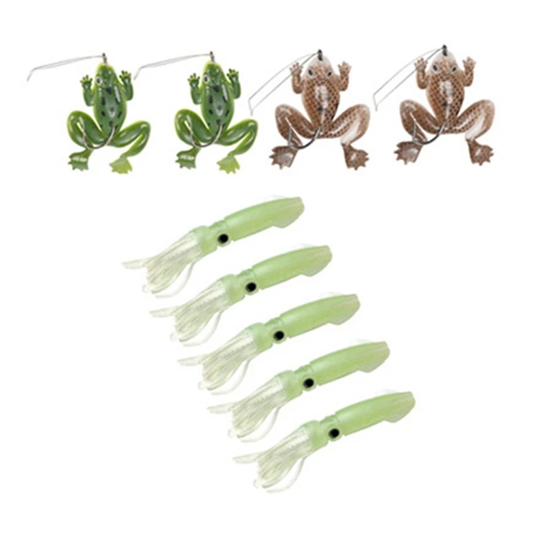 

4Pcs Simulation Frog Bait 60Mm Fishing Lures 2 Colors With Hook & 5Pcs 10.5Cm Octopus Lures Squid Skirt Bait
