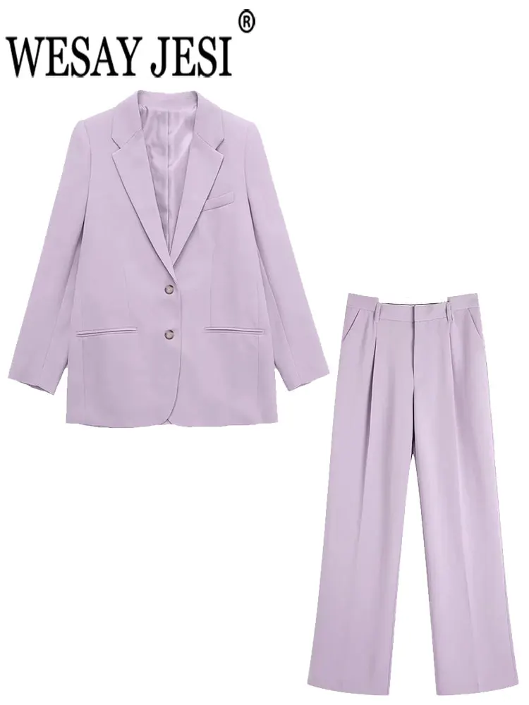 

WESAY JESI Women's Fashion Suits Temperament Simple Trousers + Female Blazer Single Button Long Sleeves Pockets Office 2 Piece