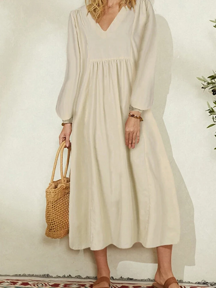 

Vintage Cotton Linen Loose Solid Dress Spring Summer Fashion V Neck Pleated Beach Dress 2022 Women Casual Long Sleeve Long Dress