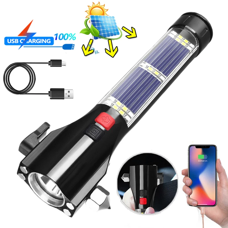 

USB Rechargeable Solar LED Flashlight Multi-function Emergency Torch Safety Hammer Mobile Power Compass for Outdoor Activities