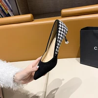 women 7 cm heels plaid pumps office lady slip on casual shallow shoes woman stiletto heels pointed toe shoes